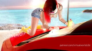 Woman in red shirt carwash breast expansion