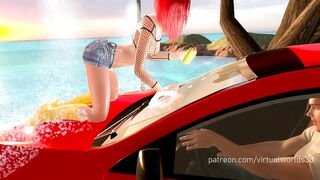 Woman in red shirt carwash breast expansion