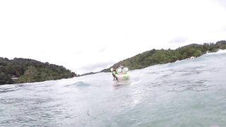 Public exhibitionist german girl with perfect big boobs on the sea showing and rubbing pussy