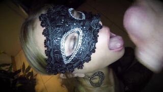 Dutch girl with needle pierced tits sucks cock and gets his cum in her eye